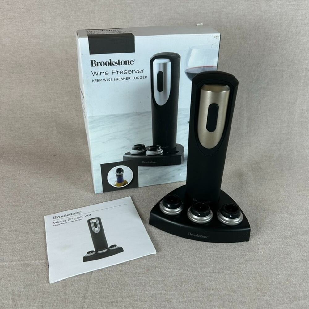 Brookstone Wine Preserver With 3 Wine Stoppers With Date Indicator Rings & Stand